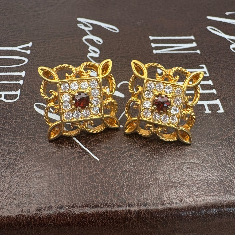 Vintage 1994 Avon Garnet Lace Earrings Rhinestone Victorian Revival 90s